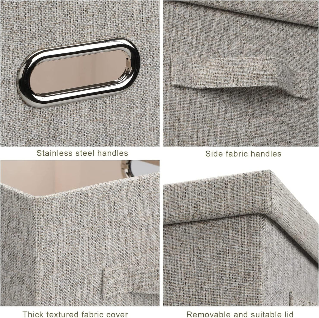Medium 15" 21 Quart Collapsible Stackable Storage Bins with Lids, 5 Packs Beige Foldable Fabric Closet Boxes Heavy-duty Linen Cube Baskets Container for Bedroom Office (15 x 11 x 8)