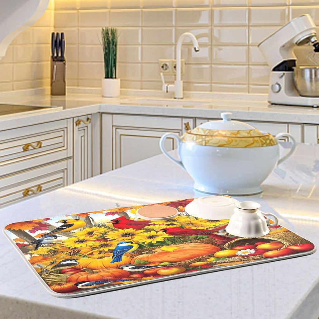 Fall Birds Dish Drying Mat for Kitchen Countertop 18x24 Autumn Pumpkin Sunflower Large Drying Mat Reusable Quick Dry Dish Sink Mats Easy Clean Decorative Essentials