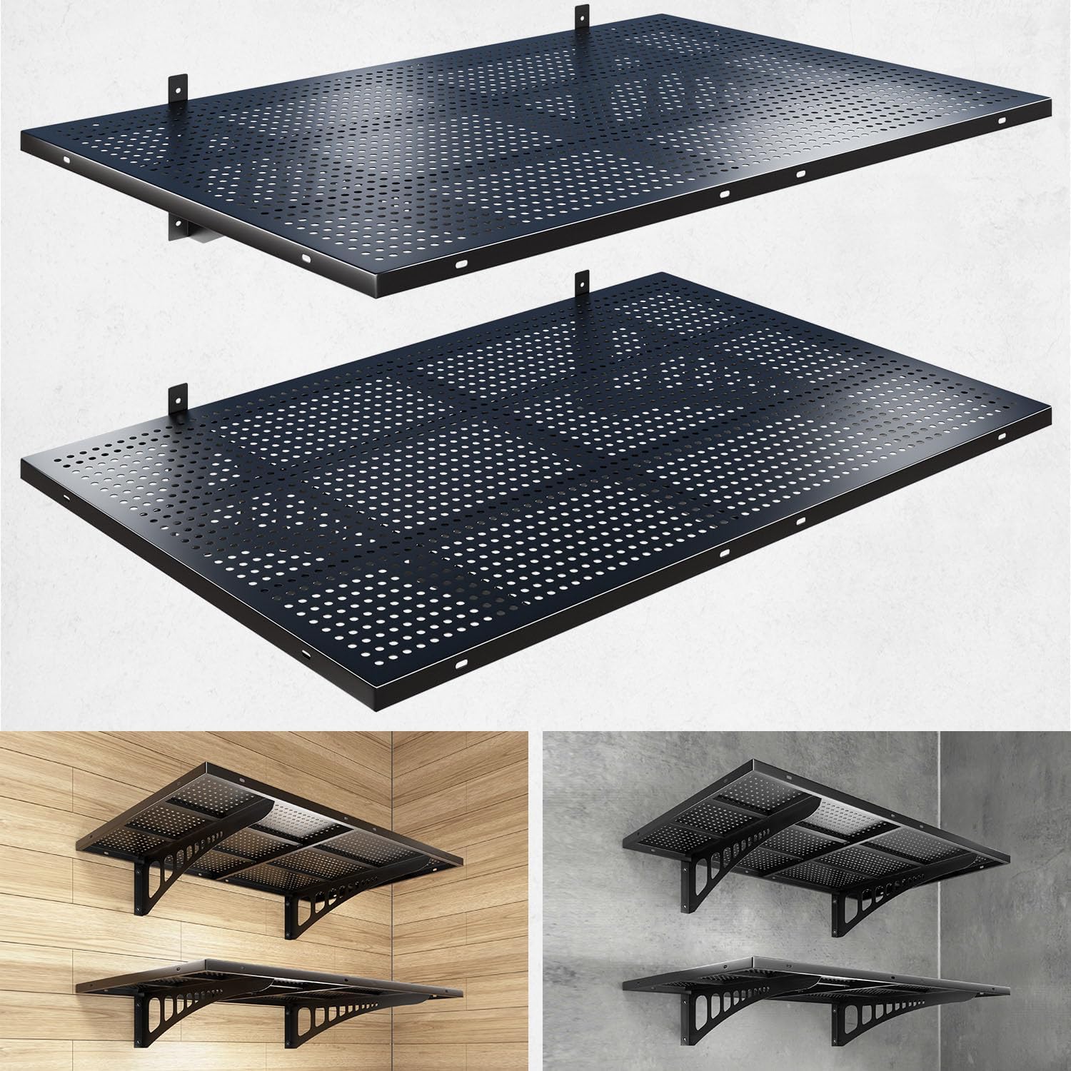 2-Pack 2x3ft Heavy Duty Garage Wall Shelving, 500 lbs Load Capacity, Garage Shelving Wall Mounted, Garage Storage Rack with Hooks, Black