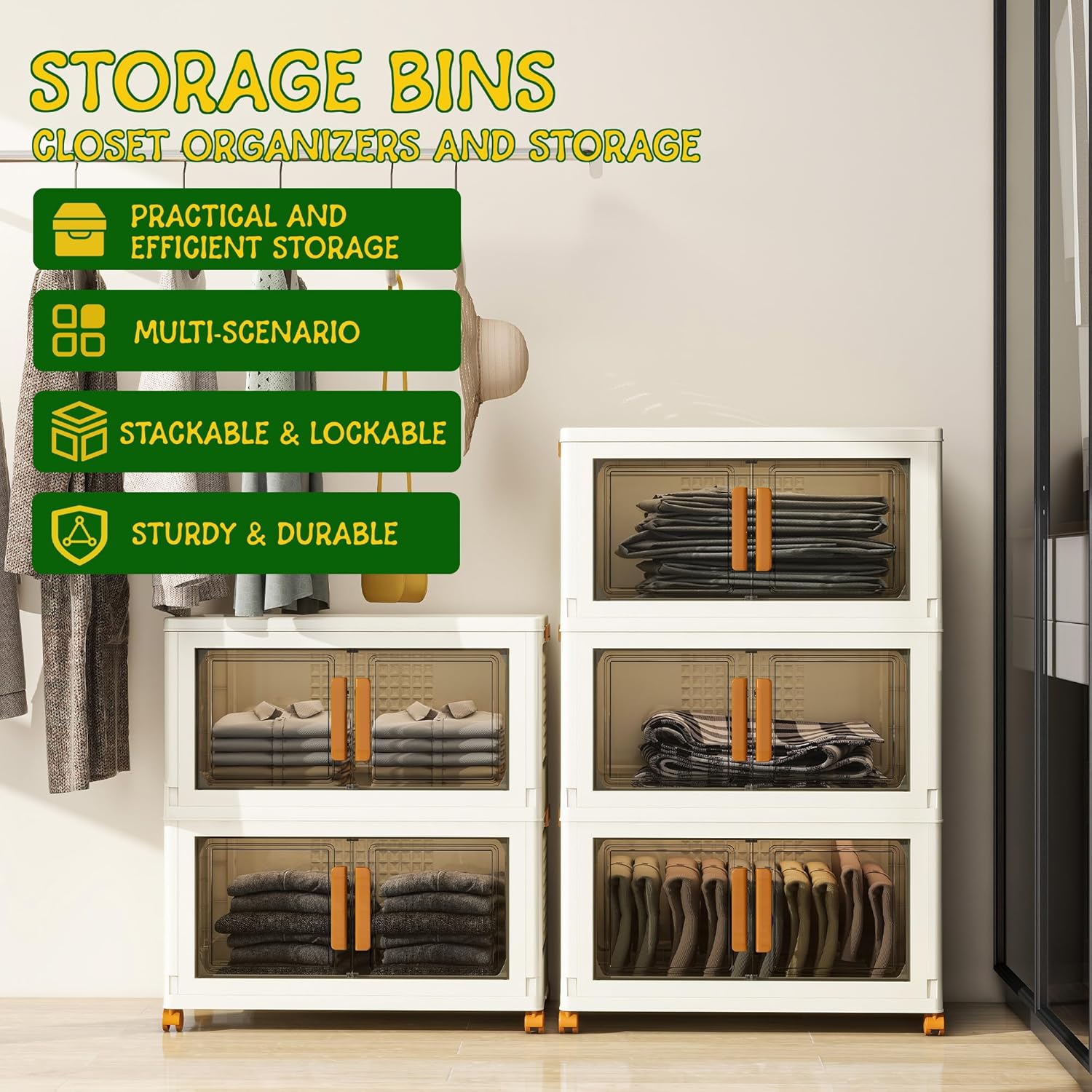 2 Tier Large Stackable Plastic Storage Bins with 1 Lid 95 QT/Tier, Collapsible Plastic Box Storage Bin with Wheels, Home Containers Boxes Closet Organizers for Living Room, Office, Dorm