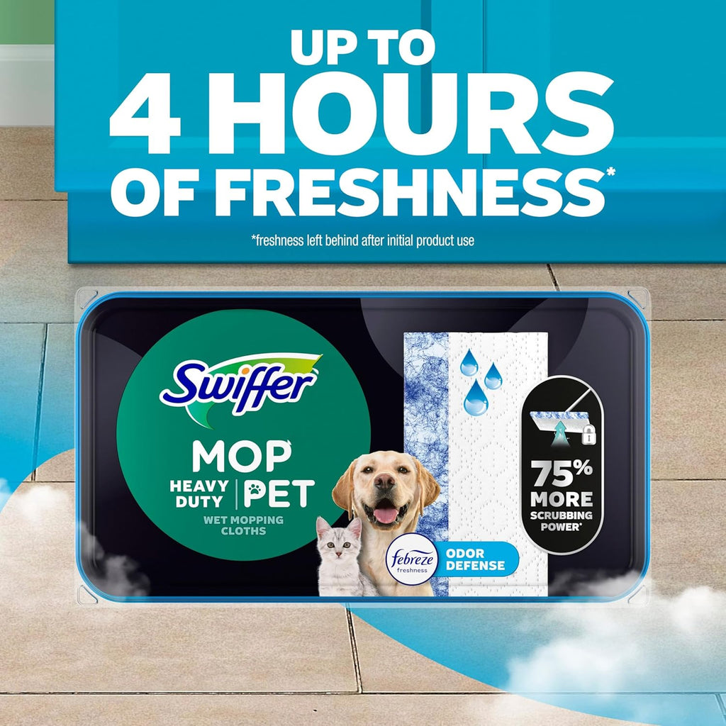 Swiffer Sweeper Pet Heavy Duty Multi-Surface Wet Cloth Refills for Floor Mopping and Cleaning, Fresh scent, 16 count, Pack of 2