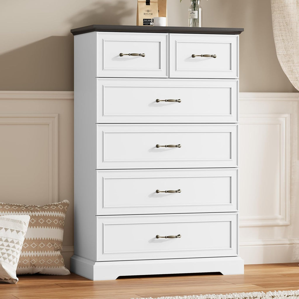 6 Drawer Dresser for Bedroom, 49" Tall Wooden Chest of Drawers, Rustic Farmhouse Dresser with Large Drawers & Metal Handles, Modern Storage Organizer for Closet, Living Room, Hallway, White