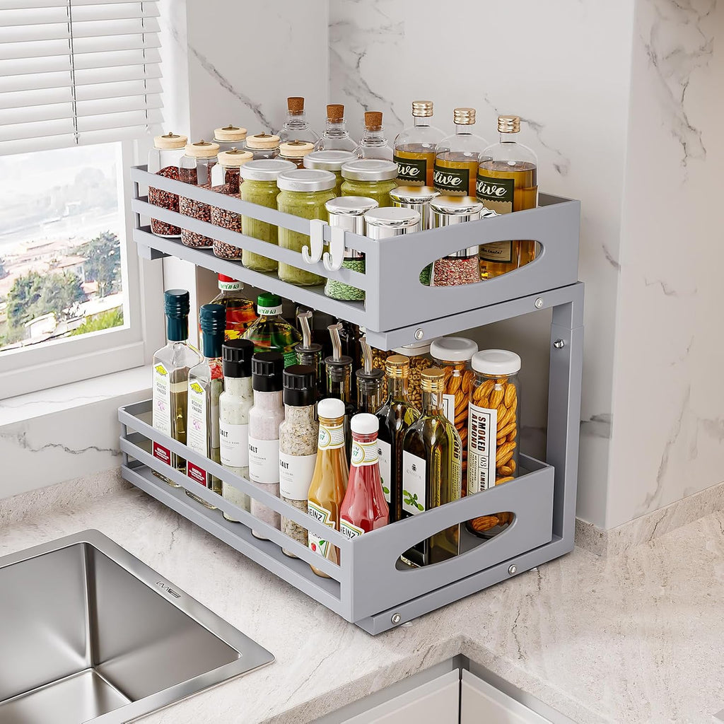 Under Sink Organizer, 2 Tier Under Sink Organizers and Storage, Adjustable Height, Slide Out Metal Cabinet Organizers, Pull Out Cabinet Storage Drawer Shelf for Kitchen Bathroom Gray, 1 Pack
