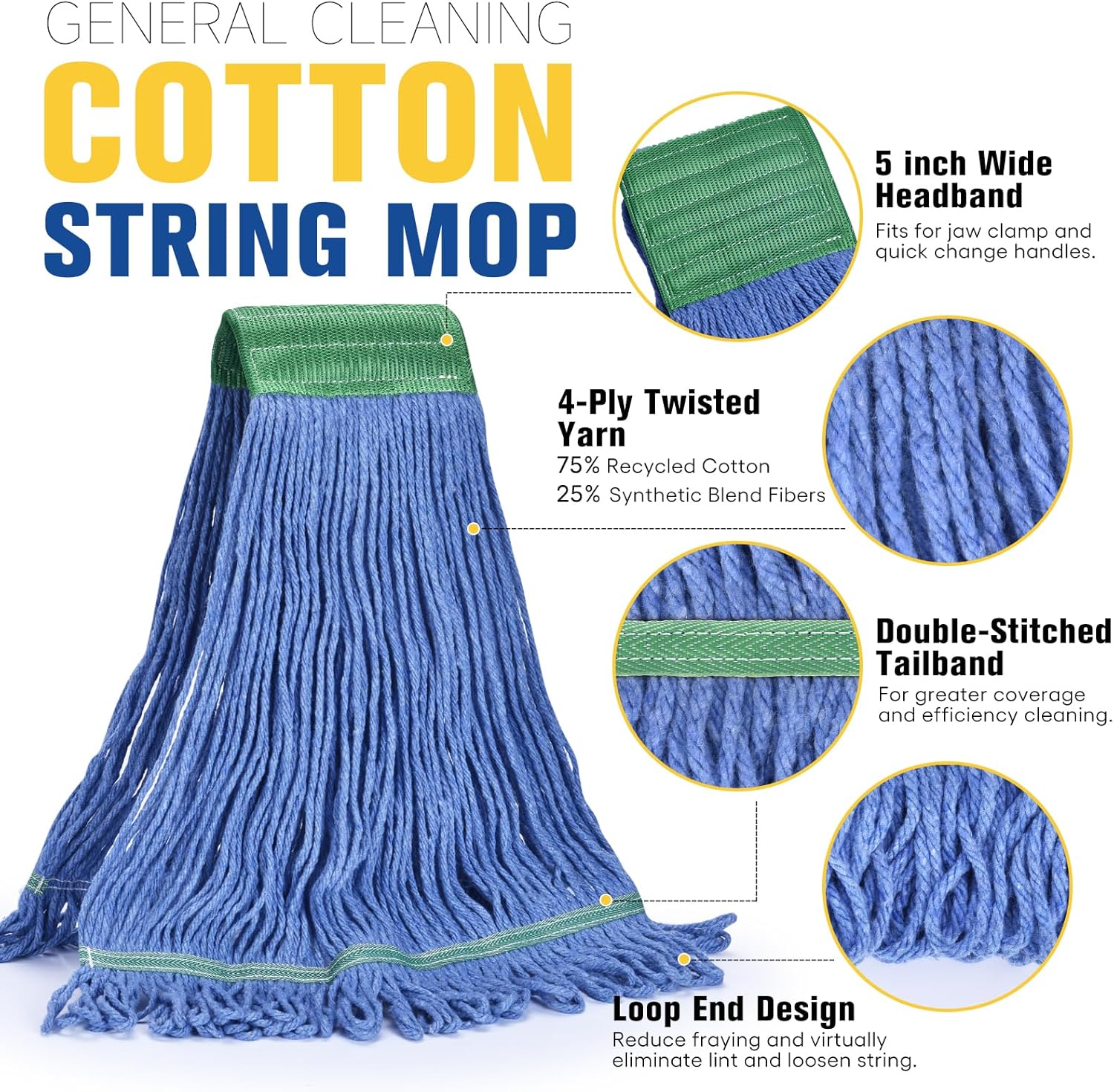 Matthew Cleaning Commercial Mop Head Replacement, 5 Inch Wide Headband, Looped End Cotton Blend String Wet Mops for Floor Cleaning, 28 oz Extra Large, 3-Pack Blue