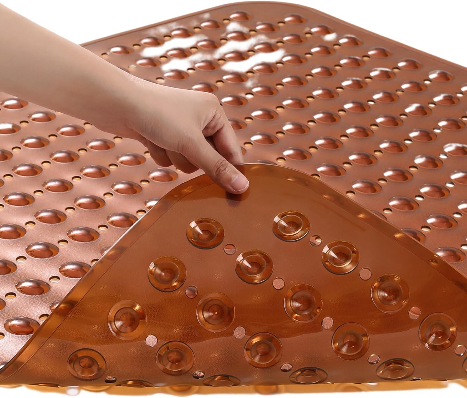 ENKOSI Extra Large Square Non Slip Shower Mat - 31 x 31-inch XL Bathroom Shower Mat - Square Shower Matts for Shower Stall Floors | Secure Suction Cups and Drain Holes (31x31 Clear Brown)