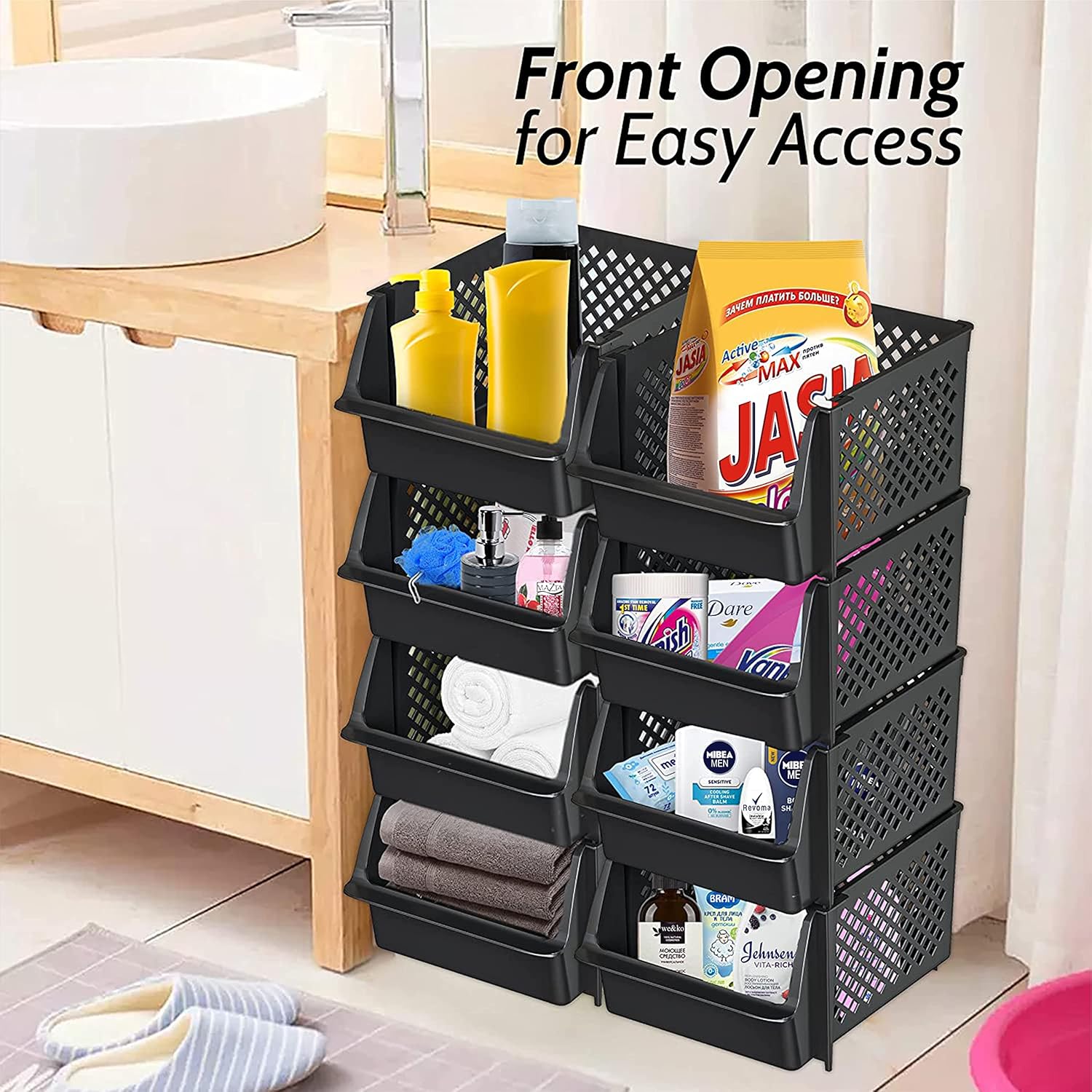 TidyFriend Plastic Stackable Storage Bins for Pantry - 8 Pack Stackable Bins For Organizing Food, Kitchen, and Bathroom Essentials (Black)