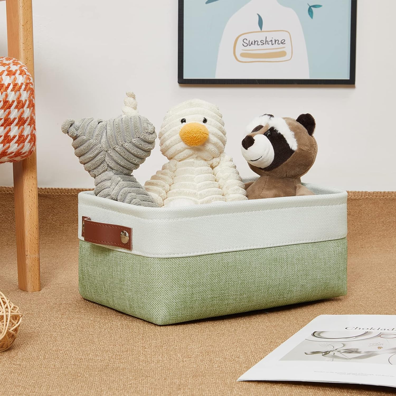 DULLEMELO Small Storage Basket, Fabric Collapsible Gift Storage Basket for Shelves, Closets, Nursery, Home, Office Organizing, Small Canvas Linen Rectangular Storage Bin with Handles (White&Green)