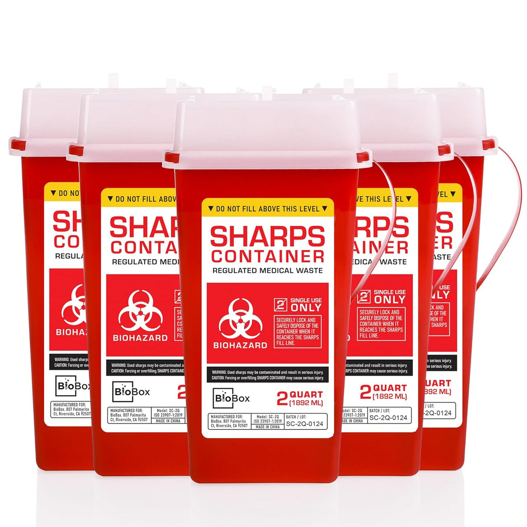 Sharps Container Large - Sharps Containers for Home Use and Labs - Portable Needle Disposal and Travel Size Biohazard Bin - 2 Quart (Pack of 5)
