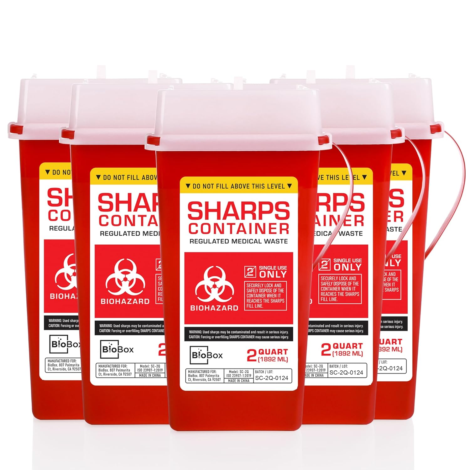 Sharps Container Large - Sharps Containers for Home Use and Labs - Portable Needle Disposal and Travel Size Biohazard Bin - 2 Quart (Pack of 5)