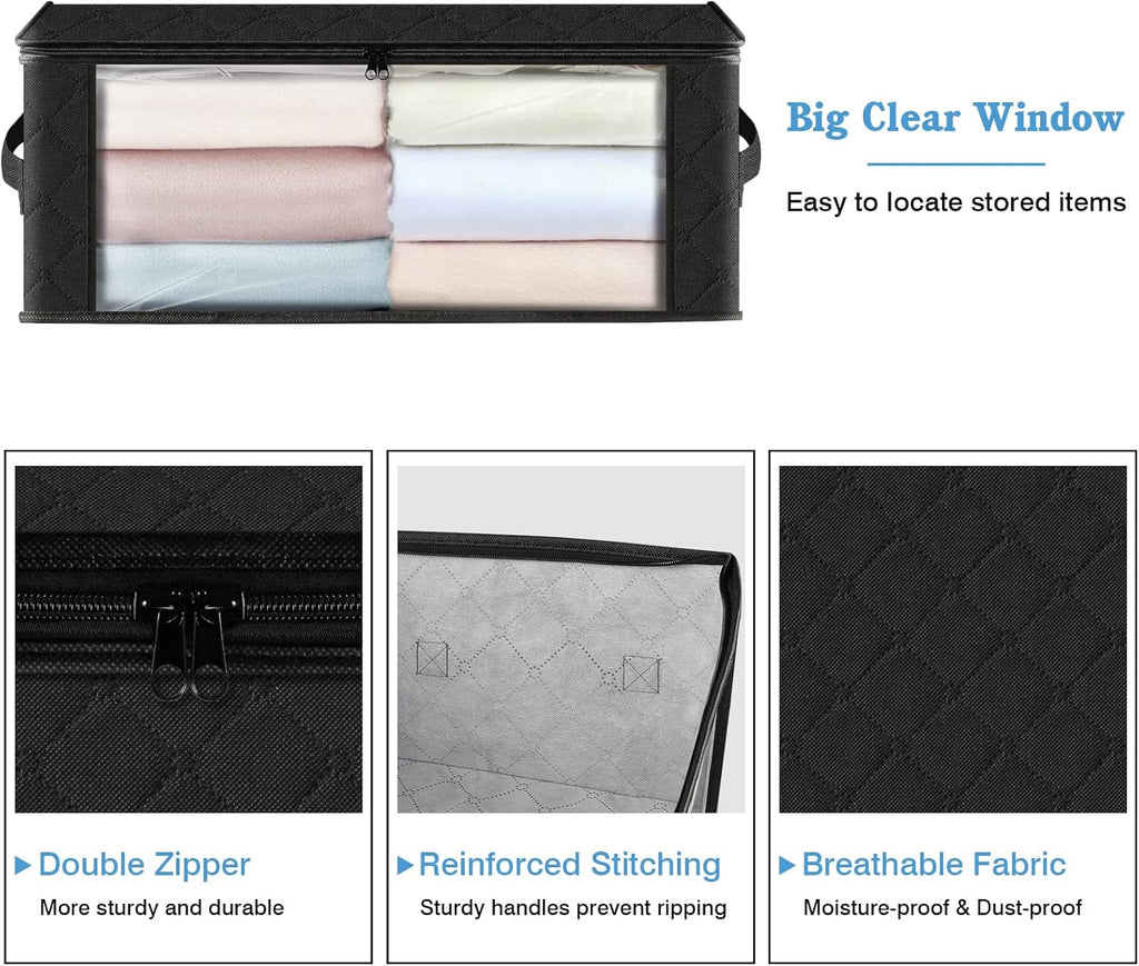 HomeHacks Storage 4-Pack Clothes Organizer Storage Bags Foldable Storage Box with Large Clear Window Sturdy Handles for Closet, Dorm, Pillows, Bedding, Clothes, Blankets, 35L, Black