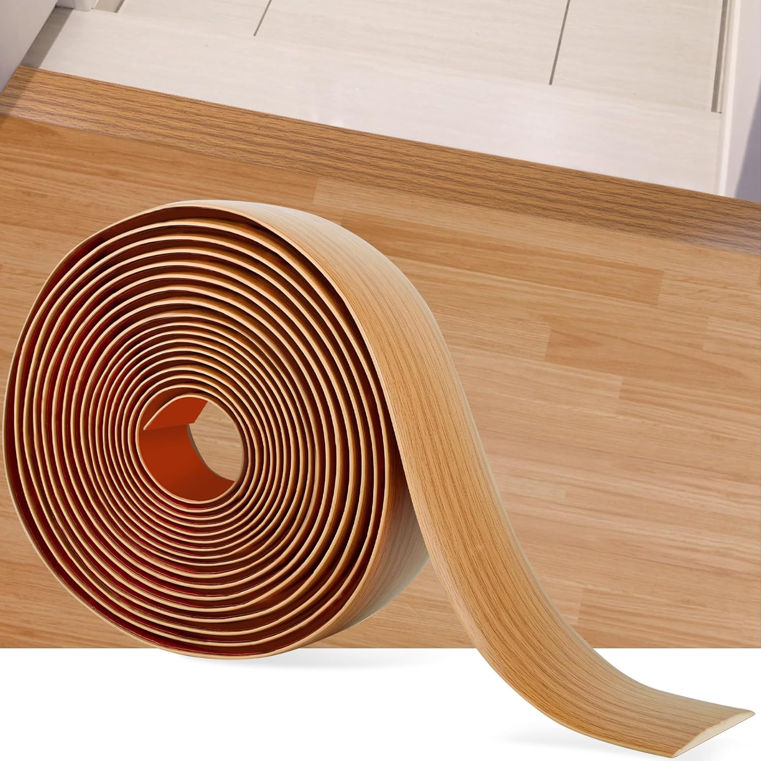 20Ft Floor Transition Strip Self Adhesive Vinyl Cover Floor Strip Flat Divider Transition Strip Wood Grain Design for Laminate Floor Gaps and Doorway Transitions (20Ft x 2 Inch, Light Brown)