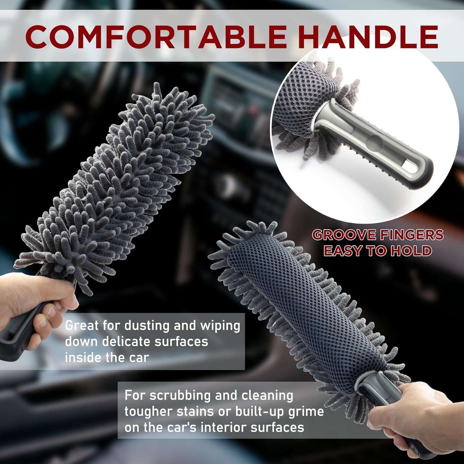 TAKAVU Car Duster Interior - Double-Sided Microfiber with Comfort Handle - Lint & Scratch-Free Cleaning for Cars, Trucks, RVs (Includes Towel & Storage Bag)