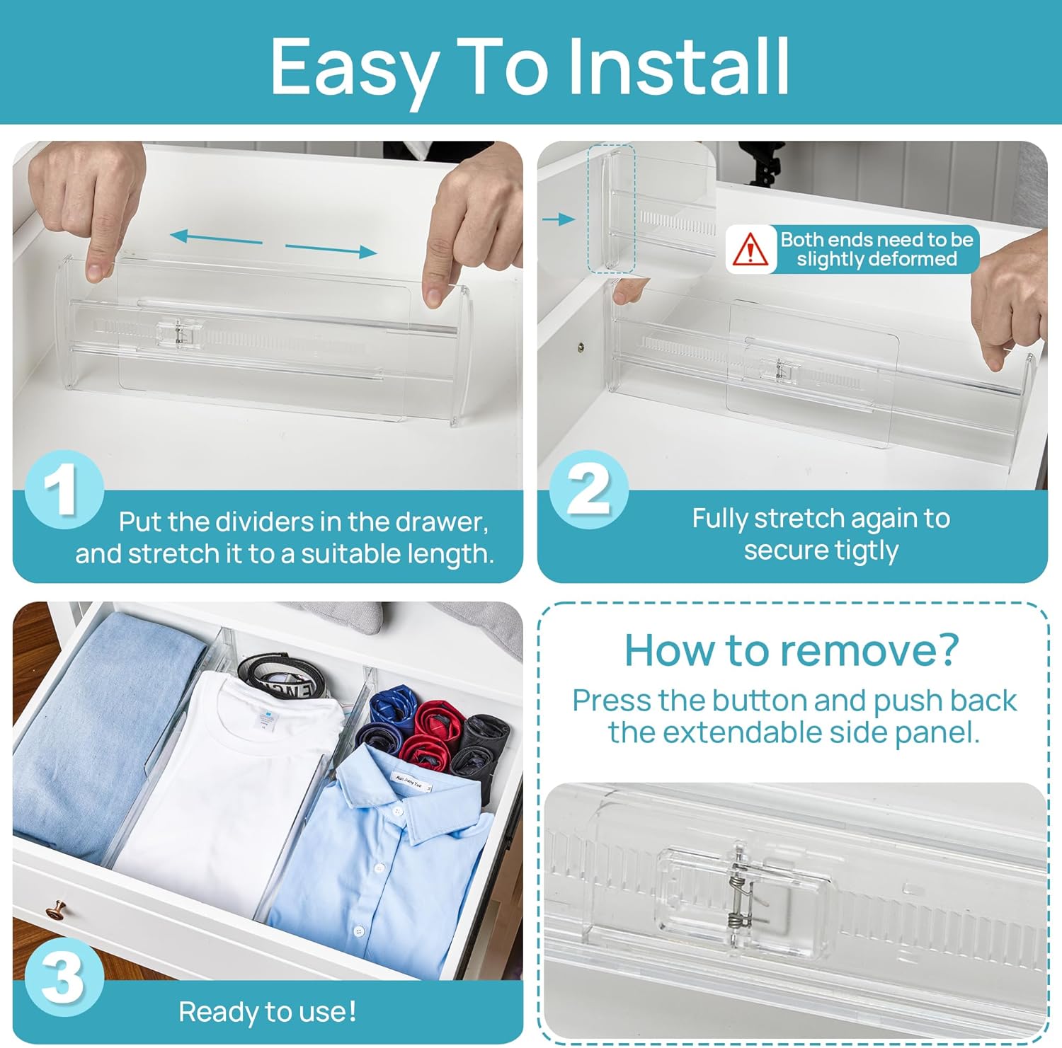 Vtopmart 8 Pack Drawer Dividers for Clothes, 4" High 10.2"-16.6" Adjustable Expandable Dresser Drawer Organizer, Clear Plastic Separators for Dresser, Baby Clothing, Underwear, Cosmetic, Toiletries