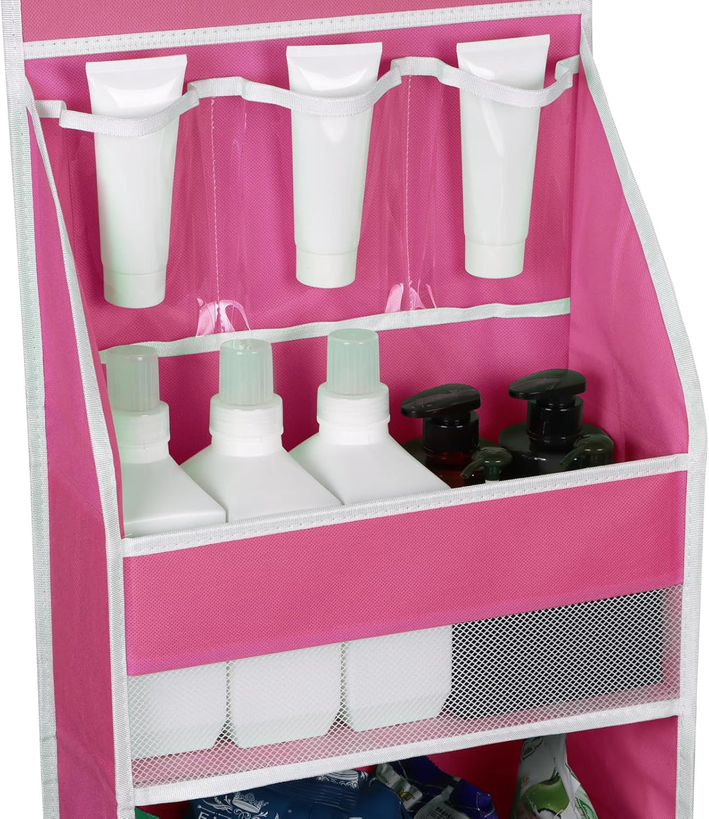 Univivi 5-Shelf Fabric Door Storage Over Door Hanging Organizer with 4 Large Pockets and 3 Small PVC Pockets Nursery Closet Cabinet Wall Mount Hanging Storage Organizers for Baby Nursery (Pink)