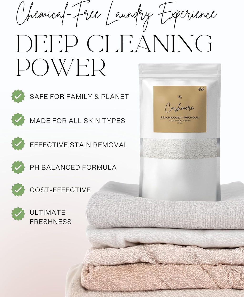 Home "CASHMERE" Laundry Detergent Powder & Laundry Booster – Ultra-Concentrated Peachwood & Patchouli Scent – Plant-Based, Stain-Fighting, HE Safe, Gentle on Skin – 32 oz / 64 Loads