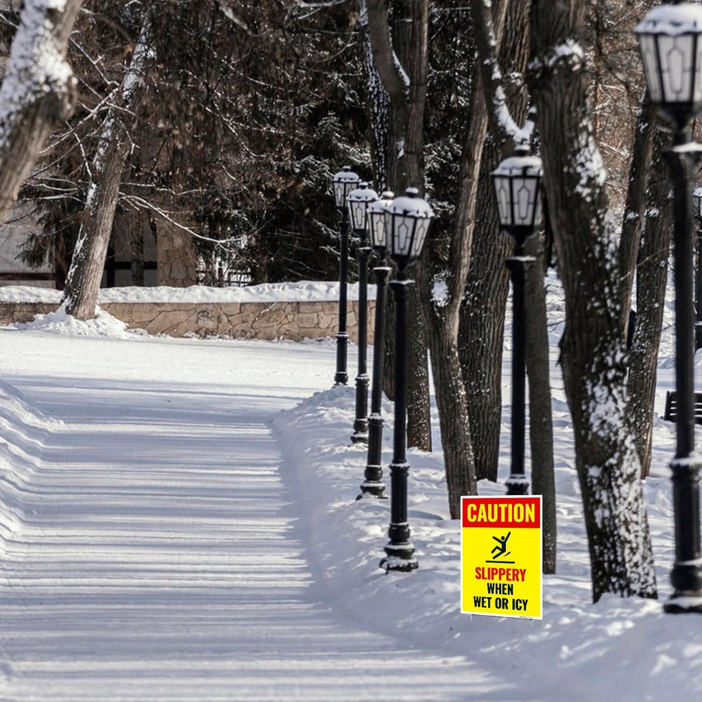 Caution Slippery When Wet or ICY Sign, (SI-84404) Double Sided 9x12 Inches, Corrugated Plastic with Metal H Stake, Made in USA by Sigo Signs