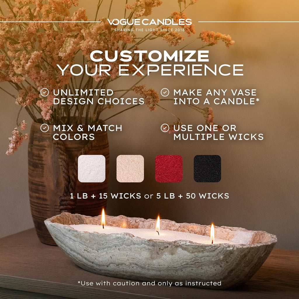 Vogue Candles 1LB Candle Sand with 15 Wicks | Plant-Based Refillable Wax Granules for DIY Candle Making | Clean Burning, Unscented, Smoke-Free, Vegan Candle Refill Kit- Black