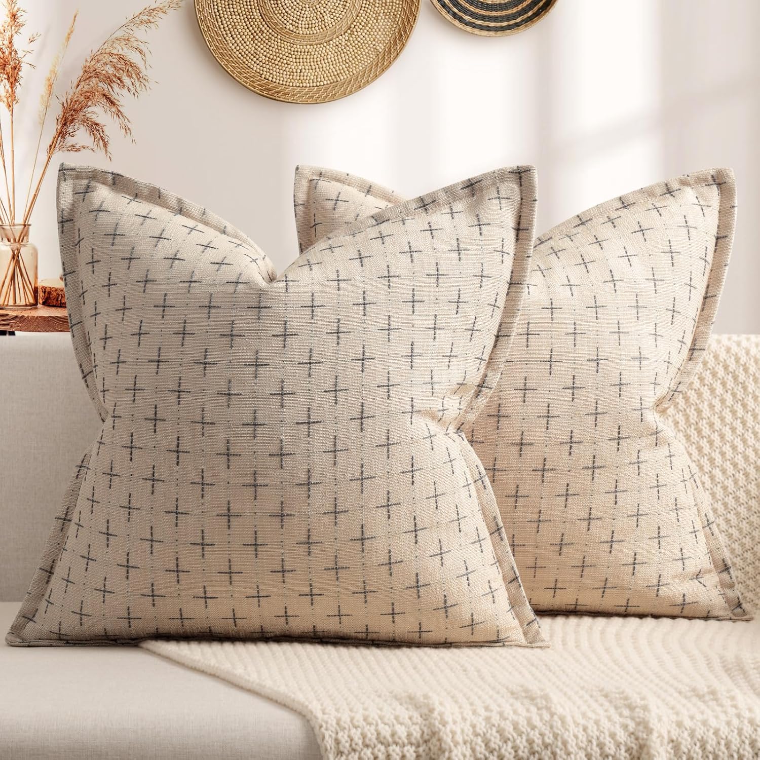 ZWJD Pillow Covers 18x18 Set of 2 Soft Polyester Textured Pillow Covers with Stylish Flange Edge Cozy Farmhouse Throw Pillows for Couch Bed Sofa Living Room