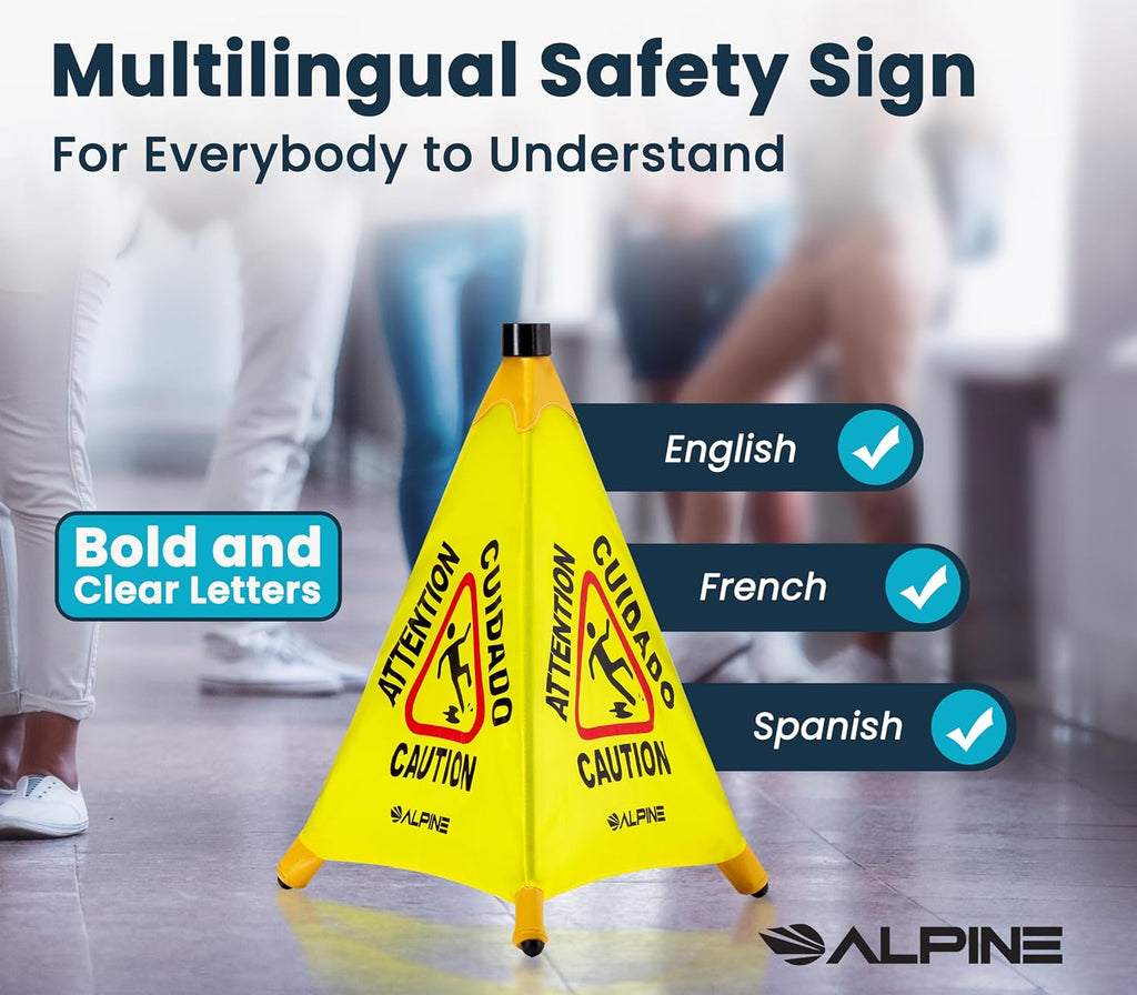 Alpine Caution Wet Floor Sign 3 Pack - Pop Up Slippery When Wet Sign, Wall Mounted Foldable Bilingual Yellow Safety Warning Caution Cone for Commercial & Office Use (20 Inches)