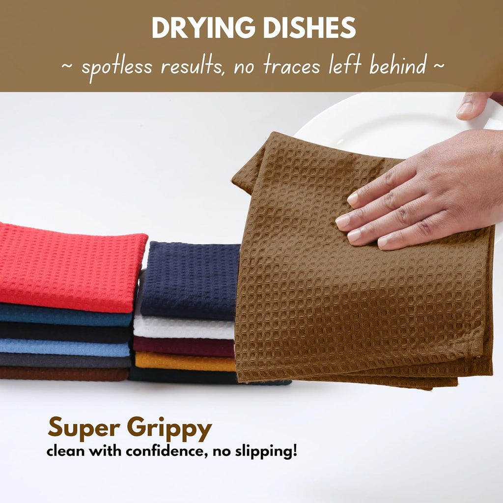 Native Fab Waffle Weave Dish Towels 12 Pack 100% Cotton, 16x26 Inches, Super Absorbent, Quick Dry, Waffle Knit Dishcloths with Hanging Loop, Washable for Kitchen Cleaning, Drying Dishes, Brown