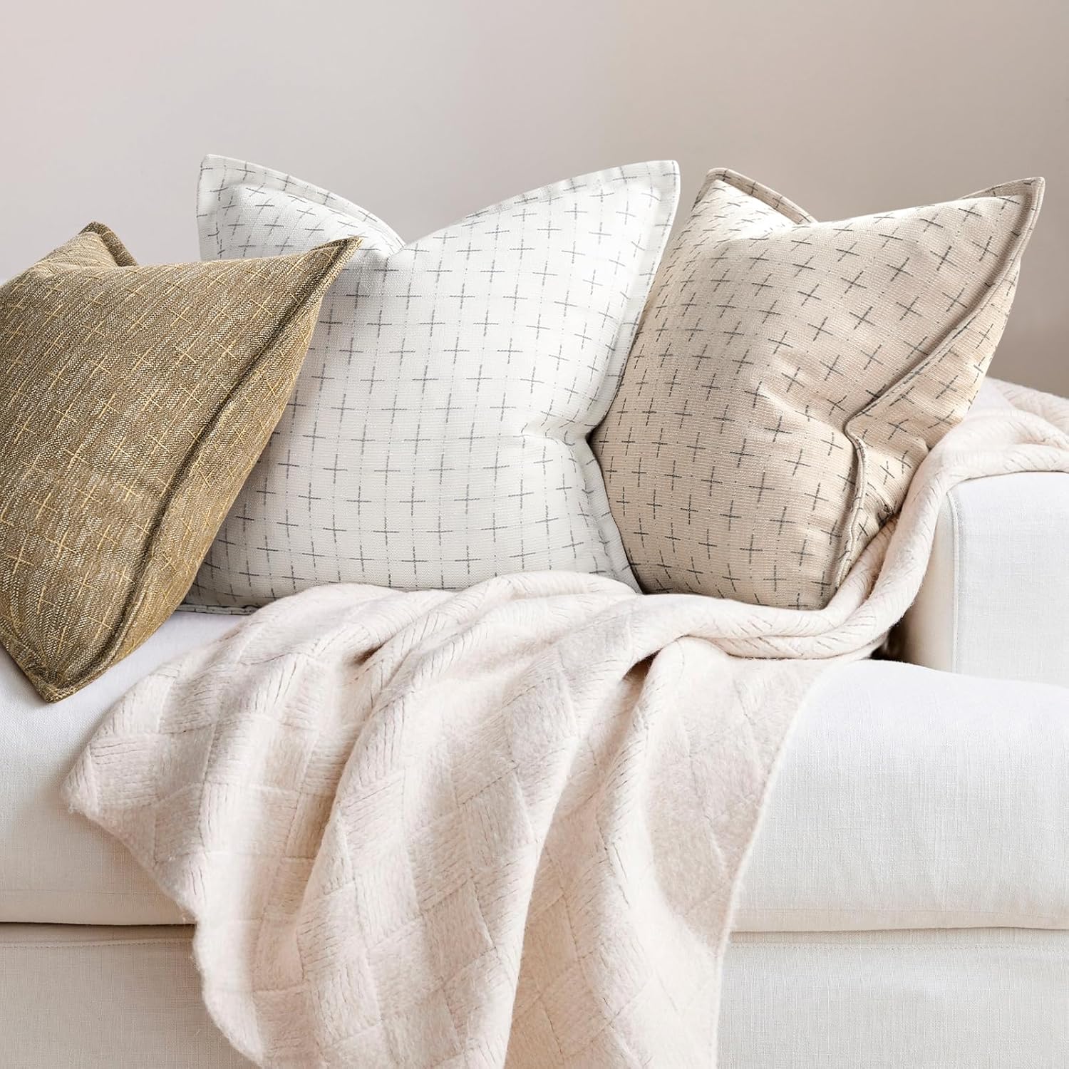 ZWJD Pillow Covers 16x16 Set of 2 Soft Polyester Textured Pillow Covers with Stylish Flange Edge Cozy Farmhouse Throw Pillows for Couch Bed Sofa Living Room