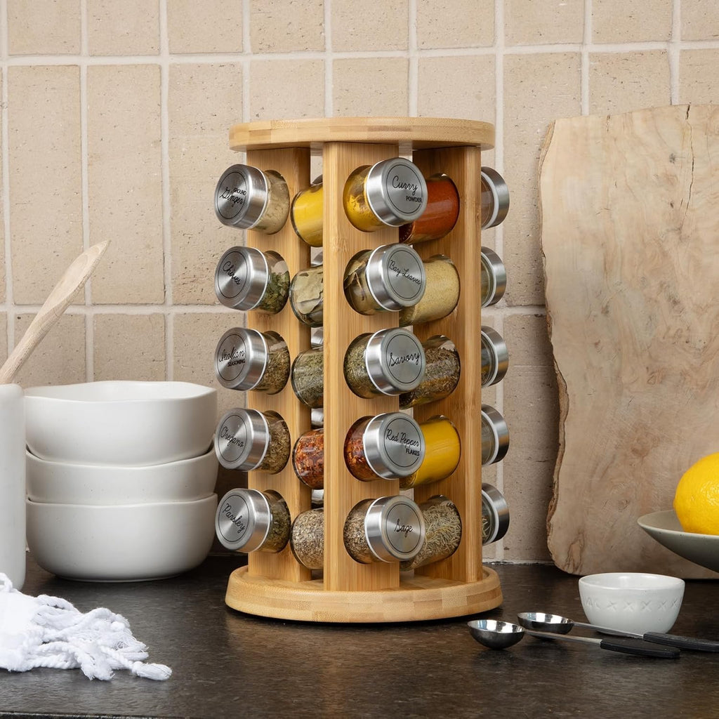 Orii 20 Jar Bamboo Spice Rack with Spices Included - Rotating Tower Organizer for Kitchen Spices and Seasonings, (Bamboo Wood)