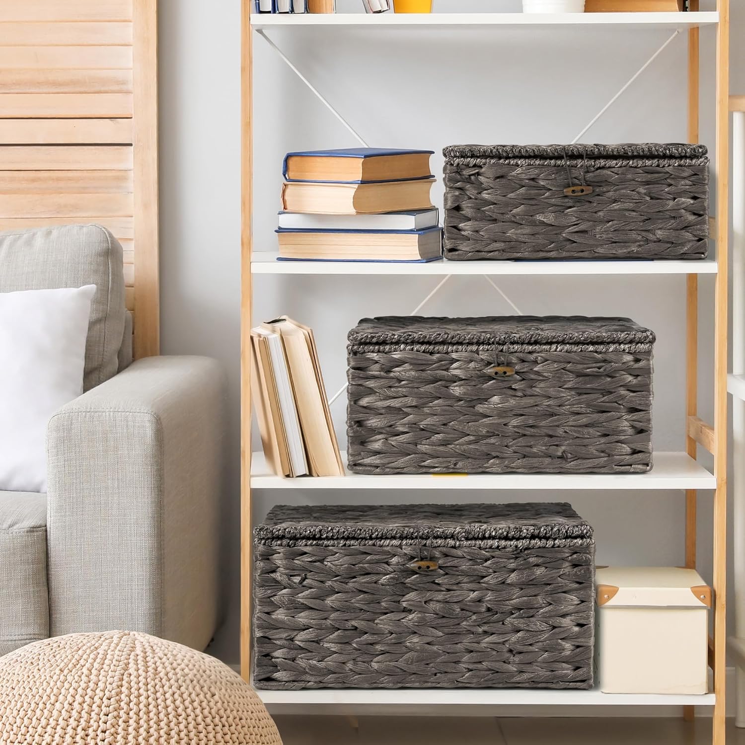 Wicker Storage Baskets with Lids and Handles, Hand Woven Rattan Storage Bins Box, Set 3 Black Water Hyacinth Decorative Large Small Basket Container for Shelves, Bathroom Organizing