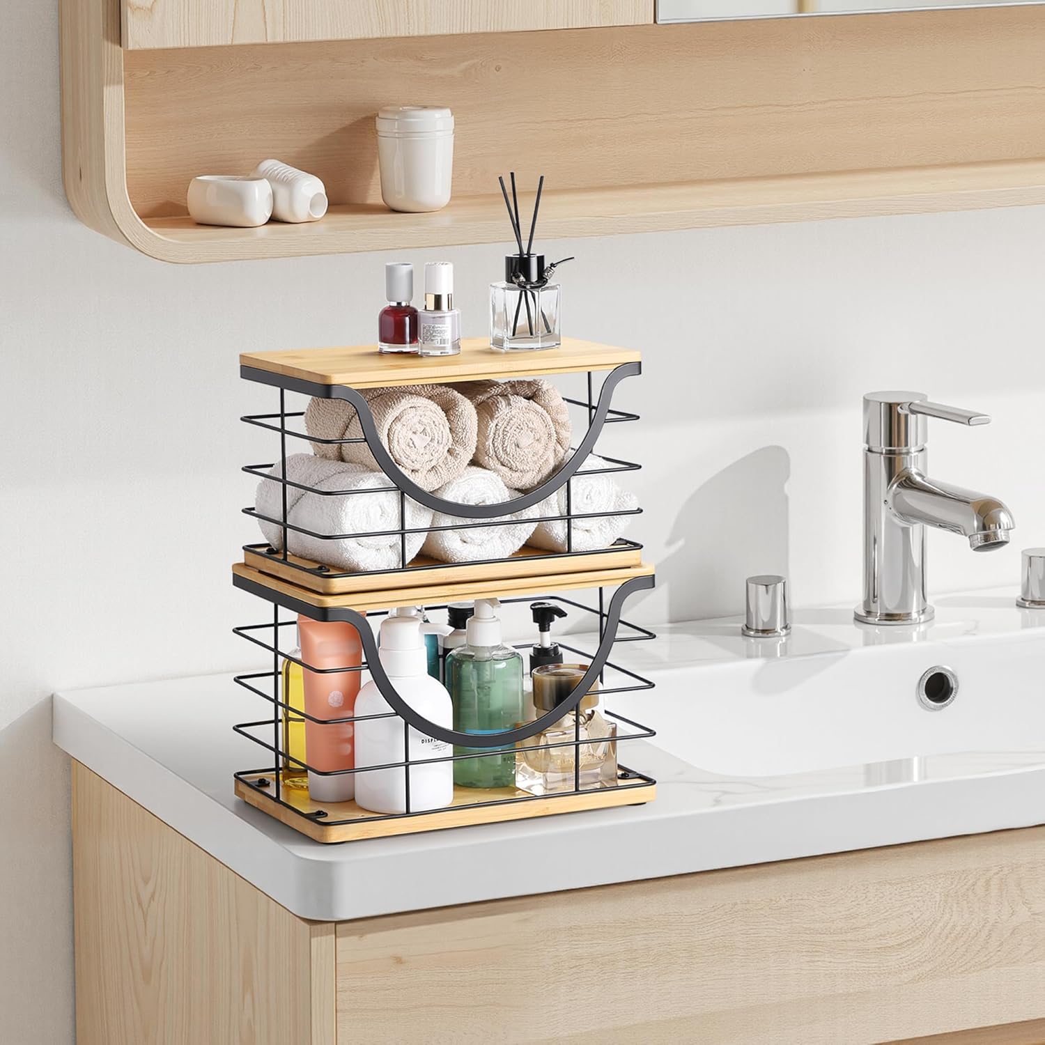 Extra Large Trash Bag Holder Stackable Kitchen Storage, 2 Pack Wall Mounted Pantry Organizers and Storage with Bamboo Top, Garbage Bag Dispenser Under Sink for Laundry Room and Kitchen