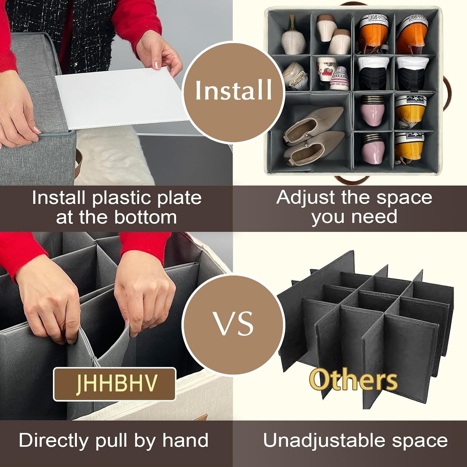 2 Pack Shoe Organizer for Closet, Adjustable Shoe Box Storage Containers, Large Foldable Shoe Bins with Clear Cover, Space Saving Shoes Holder with 4 Handles, Fits 16-32 Pairs, Beige