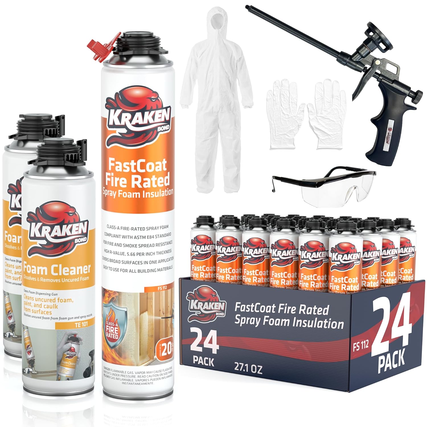 Kraken Bond Fastcoat Fire Rated Spray Foam Insulation Closed Cell in a Can 480 sq ft (24x27.1 oz.) (R-Value 11.32 / 2in) - Spray Foam for Garage Door, Attic, Wall Gun & Cleaner Included, 24 Pack