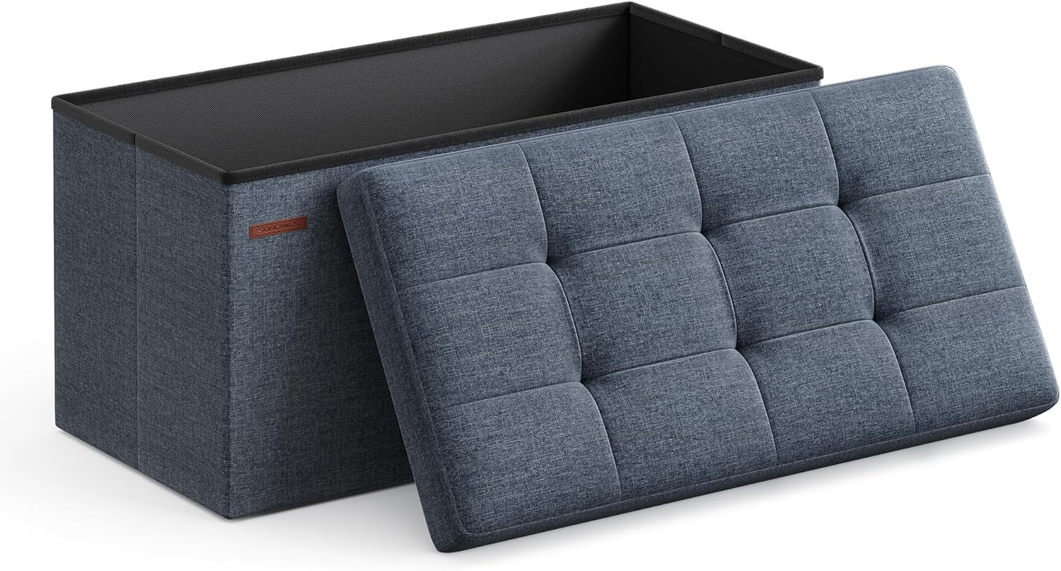 SONGMICS Mazie Collection - 30 Inches Folding Storage Ottoman Bench, Ottoman Foot Rest, End of Bed Bench, Storage Chest, Load 660 lb, for Living Room, Bedroom, Entryway, Misty Blue ULSF047Q01