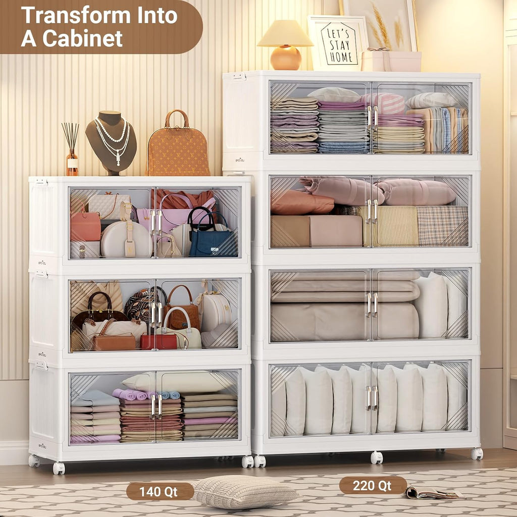 220Gal Plastic Stackable Storage Bins with Lid, 880QT Extra Large Closet Organizers Collapsible Cabinets Boxes With Drawers, Foldable Containers with 6x Wheels for Home Kitchen, V60 4Pack White