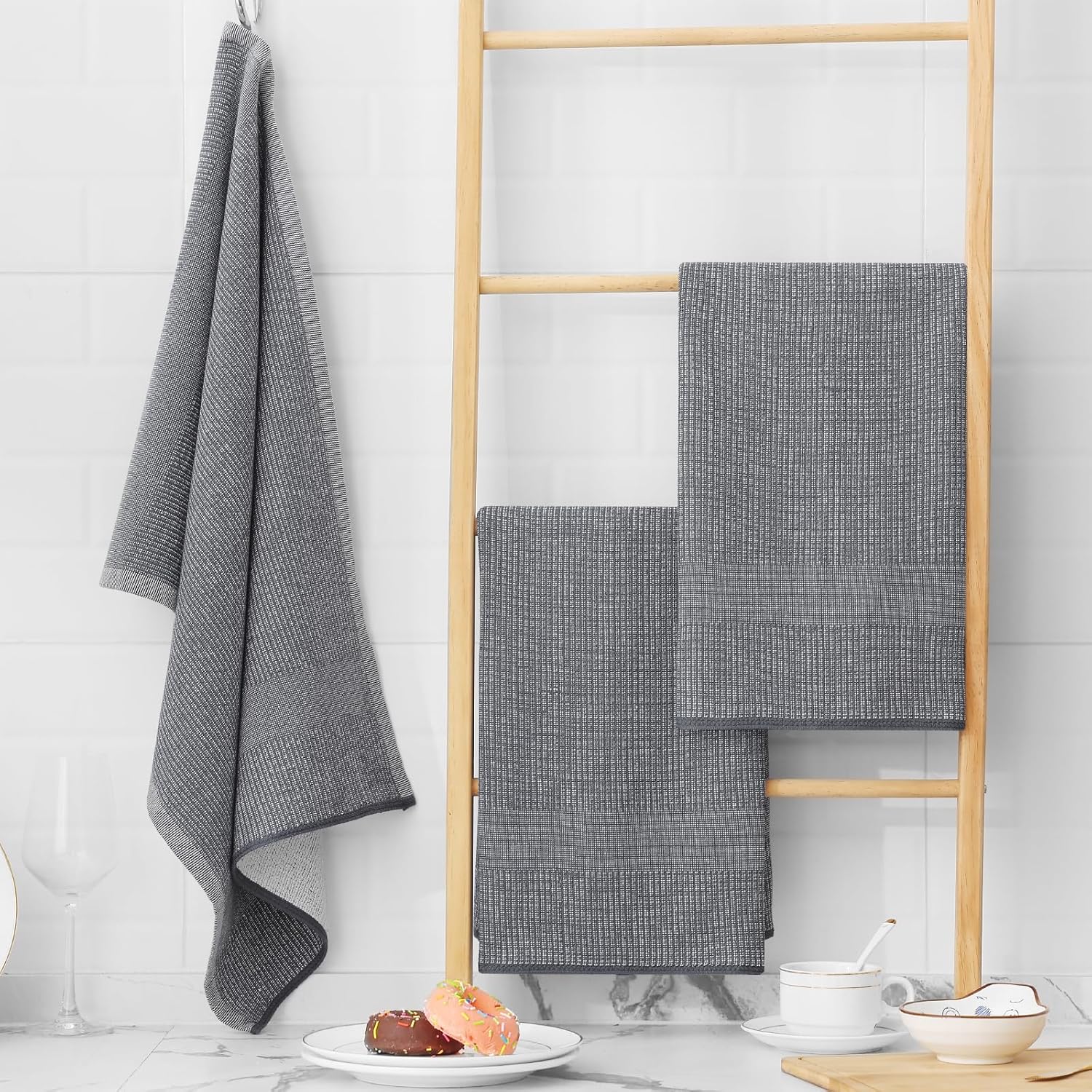 Homaxy Premium Kitchen Towels(18”x 28”, 12 Pack), Large Cotton Kitchen Hand Towels, Flat and Terry Dish Towels, 380 GSM Highly Absorbent Tea Towel Set with Hanging Loop, Grey