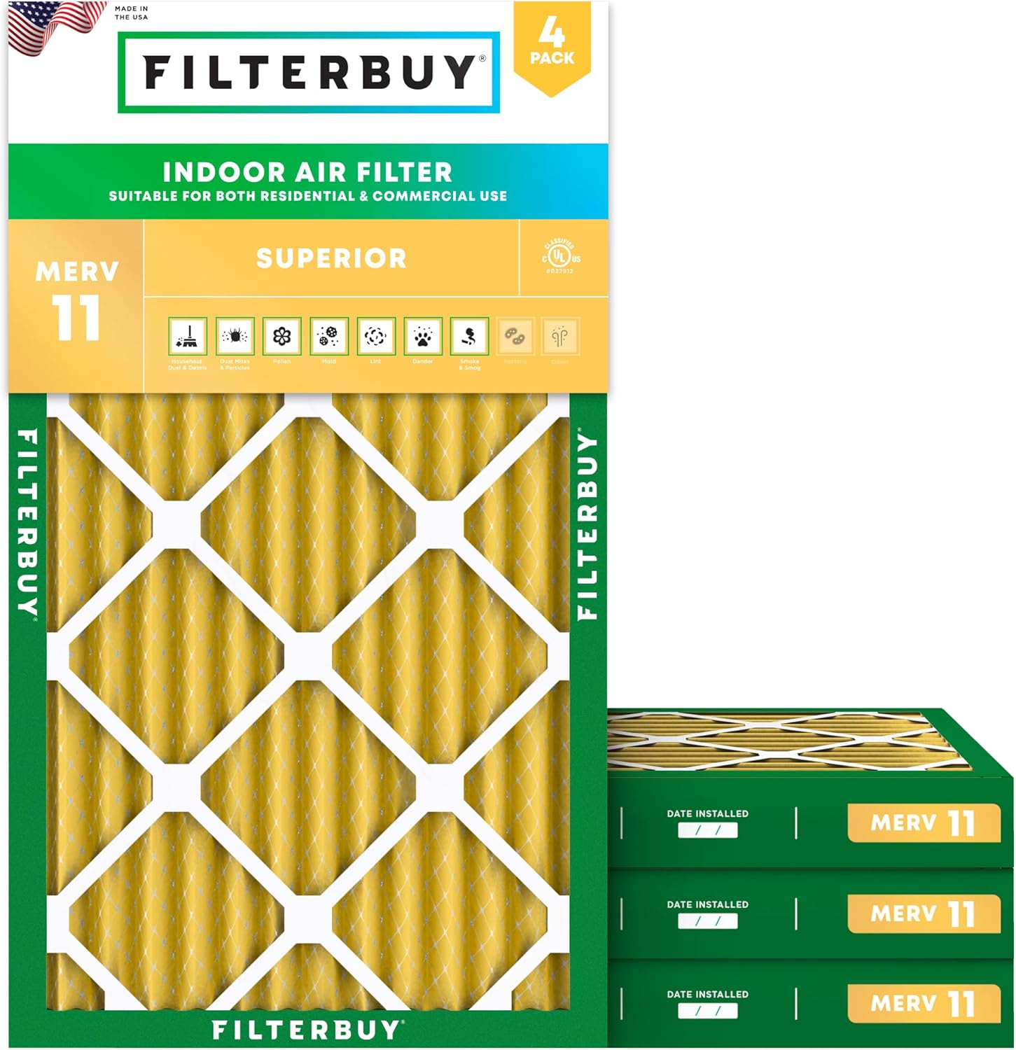 Filterbuy 14x24x2 Air Filter MERV 11 (MPR 1200) Allergen Defense Replacement (4-Pack), Electrostatic Pleated HVAC AC Furnace Filters, Made in USA (Actual Size: 13.50 x 23.50 x 1.75)