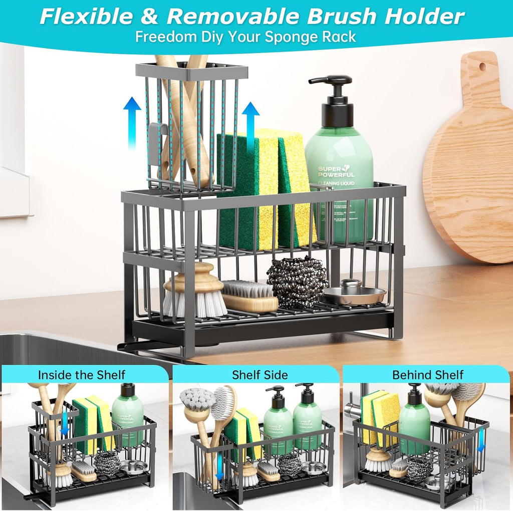 Sponge Holder for Kitchen Sink, 2 Tier Sink Caddy Organizer Countertop with Dish Brush Holder and 360° Drain Tray, Rustproof Stainless Steel Dish Soap Storage Rack Set for Accessories Grey