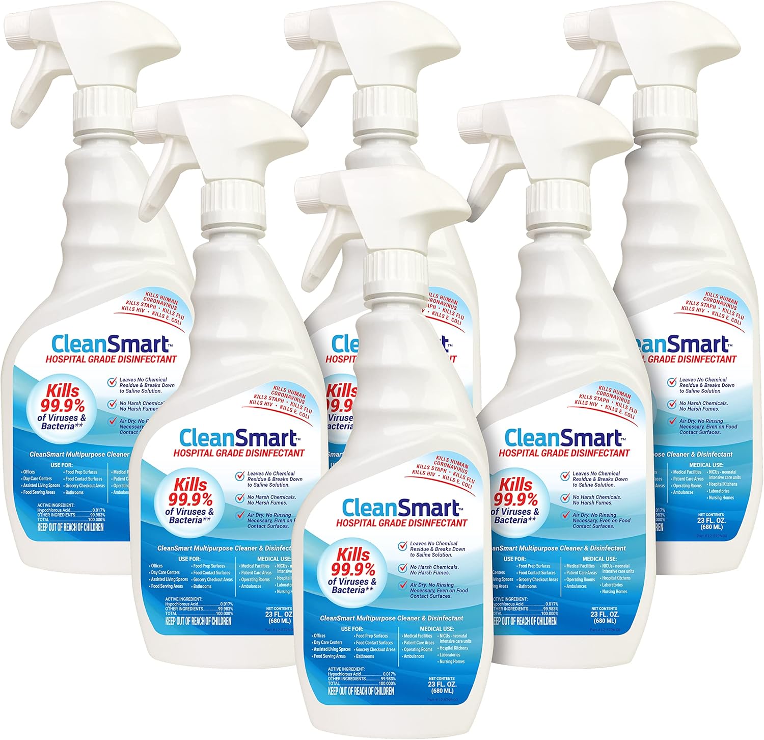 CleanSmart Hospital Grade Disinfectant, Kills 99.9% of Viruses and Bacteria, Hypochlorous Acid Technology, EPA Registered, 23 oz, (Pack of 6) (HOCL)