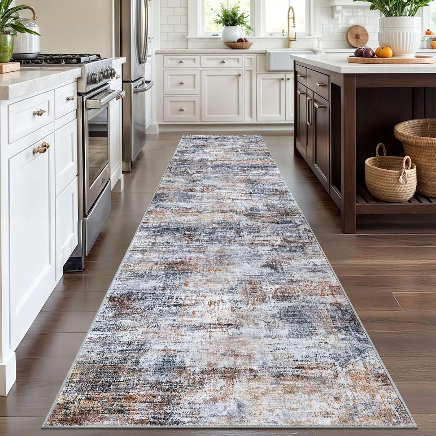 IOHOUZE Abstract Runner Rug 3x12 Ft Washable Runners for Hallways, Non Slip Kitchen Runner Printed Faux Wool Entryway Runner Indoor, Modern Abstract Floor Carpet for Hall Kitchen, Orange Grey