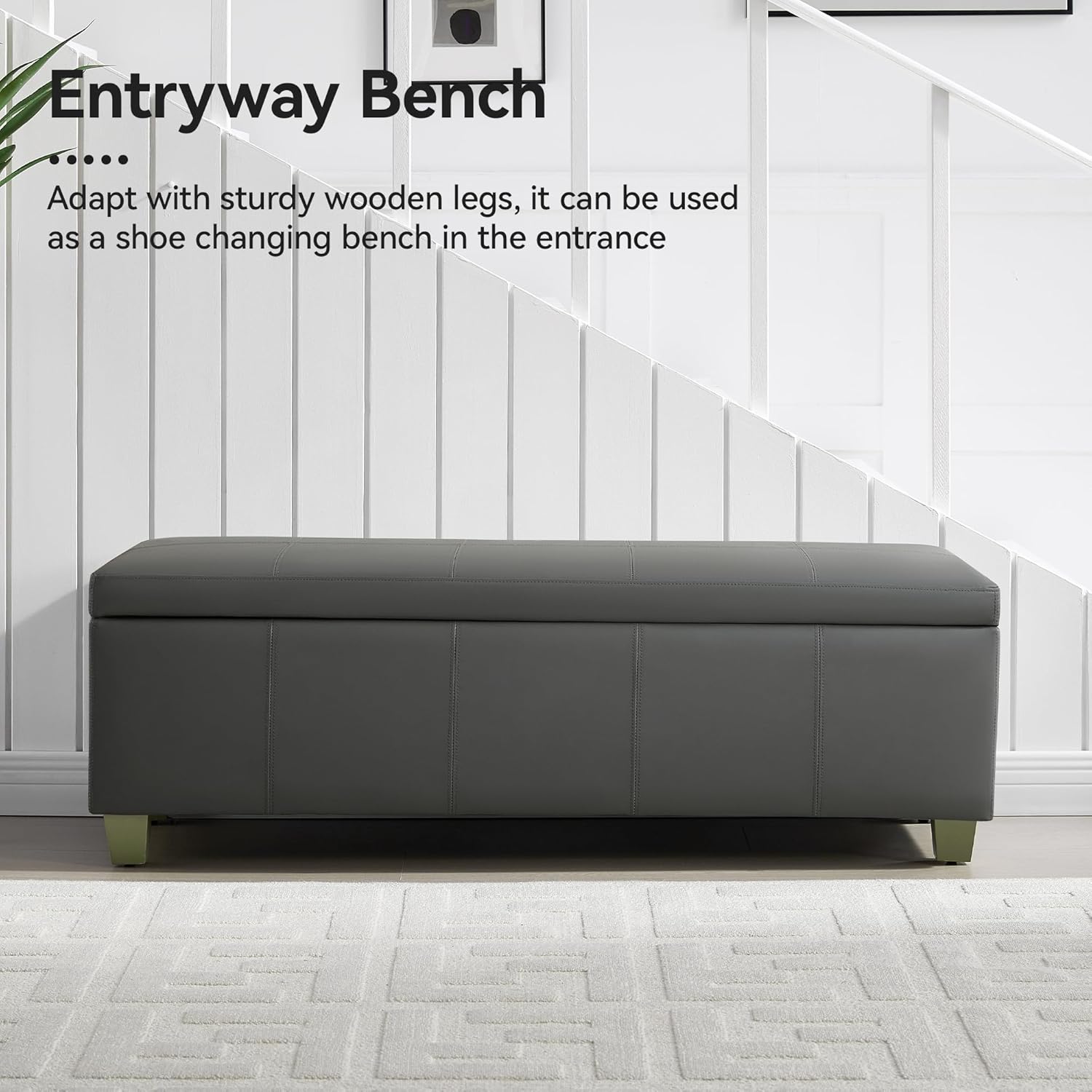 51" Faux Leather Storage Ottoman, Stitch Tufted Rectangle Upholstered End of Bed Storage Bench, Entryway Large Couch Ottoman with Wooden Legs,Dark Grey