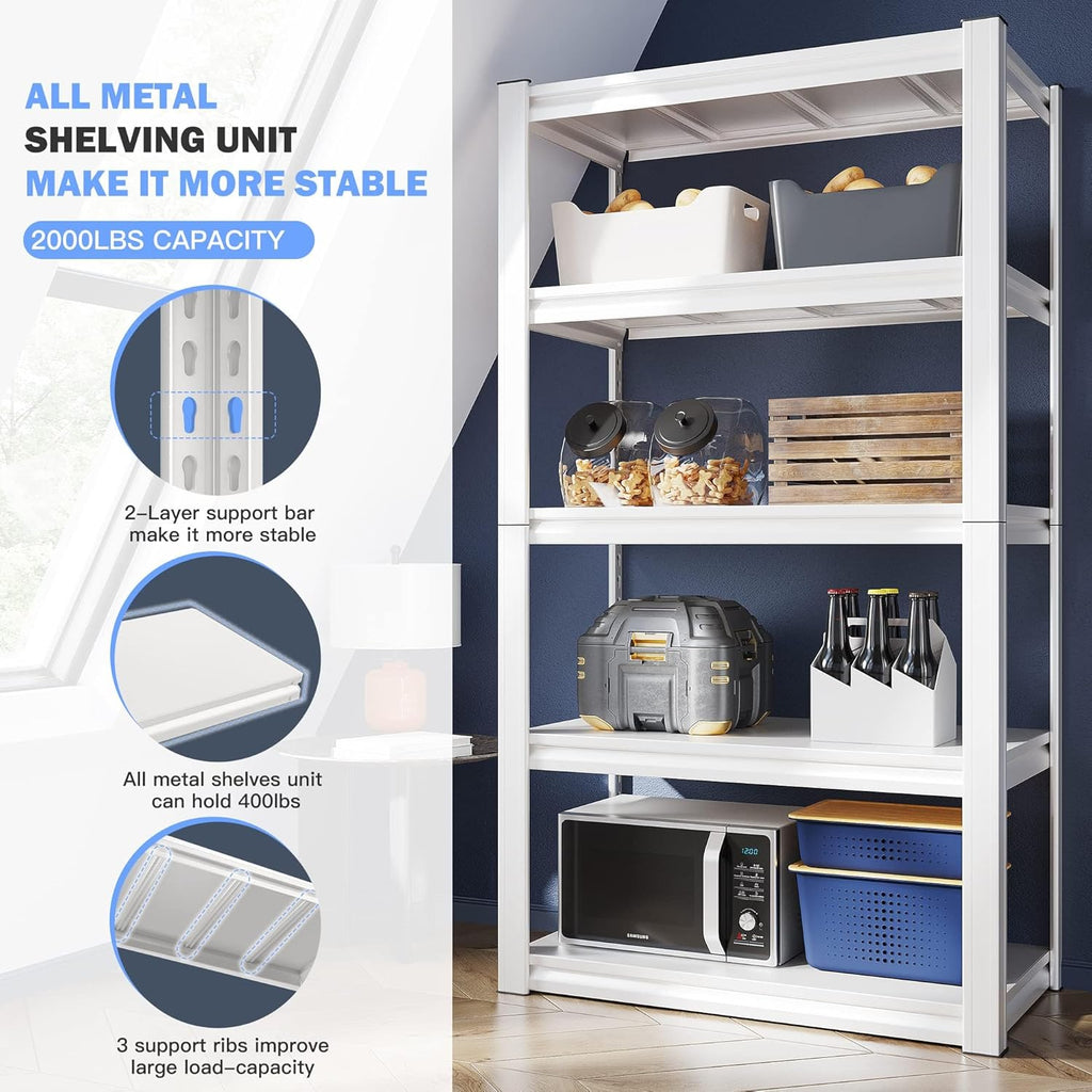 Raybee Garage Shelving Heavy Duty 2000LBS Storage Shelves Heavy Duty Shelving 5 Tier White Metal Shelves Pantry Shelf for Kitchen Closet Basement Warehouse 2 Pack