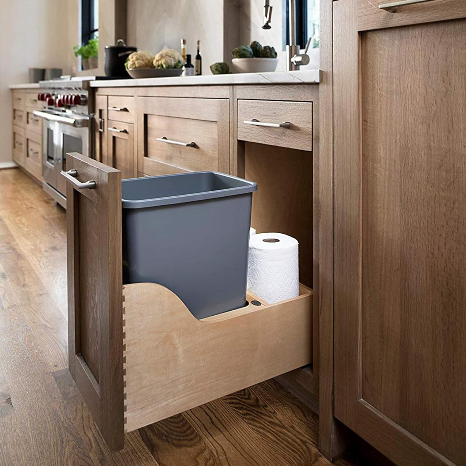 Rev-A-Shelf Pullout Trash Can for Kitchen Cabinet, Single 35 Qt Bin with 12" Wood Frame - Large Garbage Bin Container for Home Waste Storage and Recycling