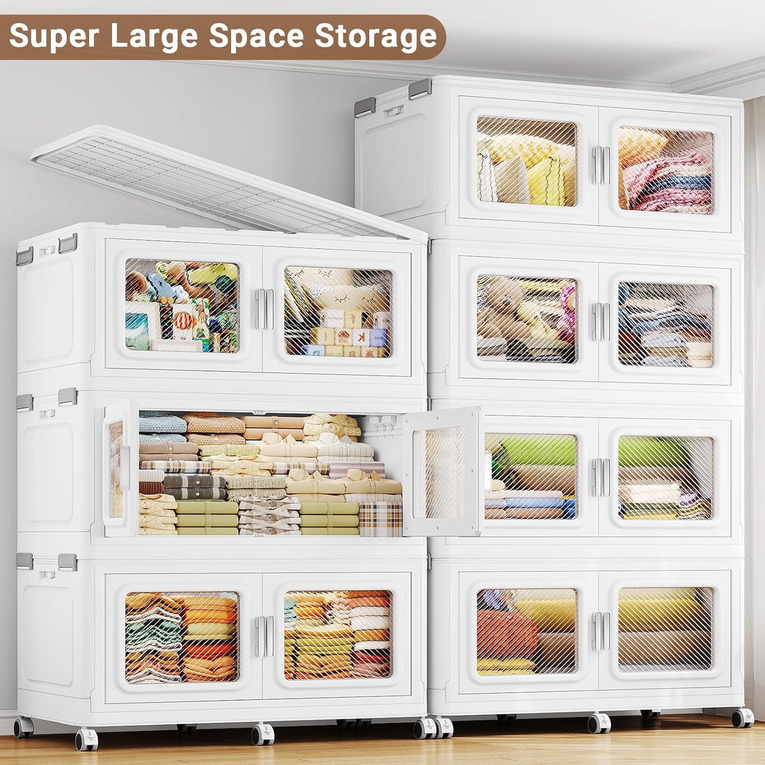 BROVIEW 880 Qt Stackable Storage Bin with Lids, 220Gal Extra Large Collapsible Storage Boxes, Folding Plastic Drawer, Heavy-Duty Store Cabinet, Closet Organizer for Home Kitchen, 4 Pack White