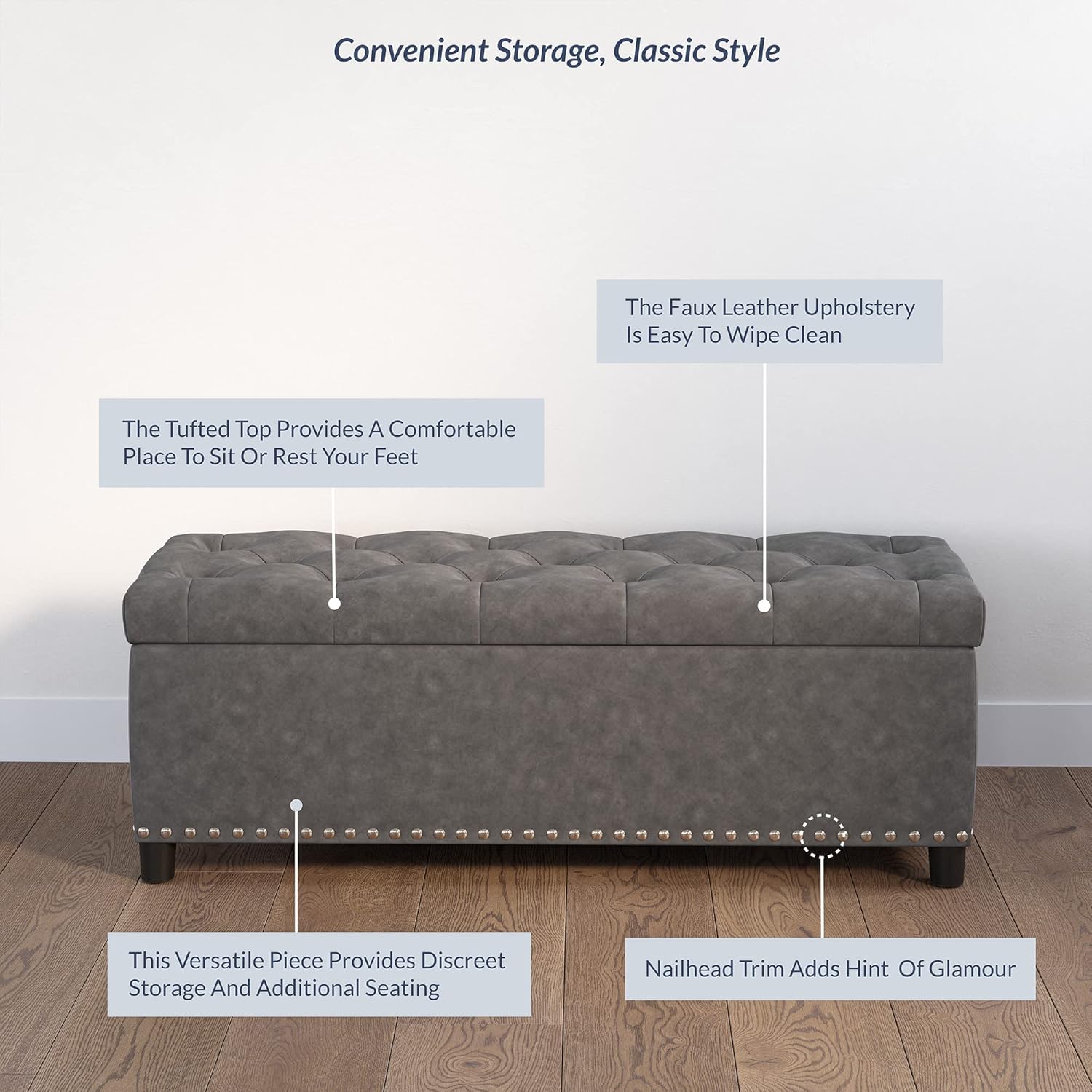 BELLEZE 47" Storage Ottoman, Storage Bench with Safety Close Hinge, Faux Leather Button-Tufted Ottoman for Living Room, Entryway, Hallway, Foot Rest, Support 300lbs - Rustic Gray