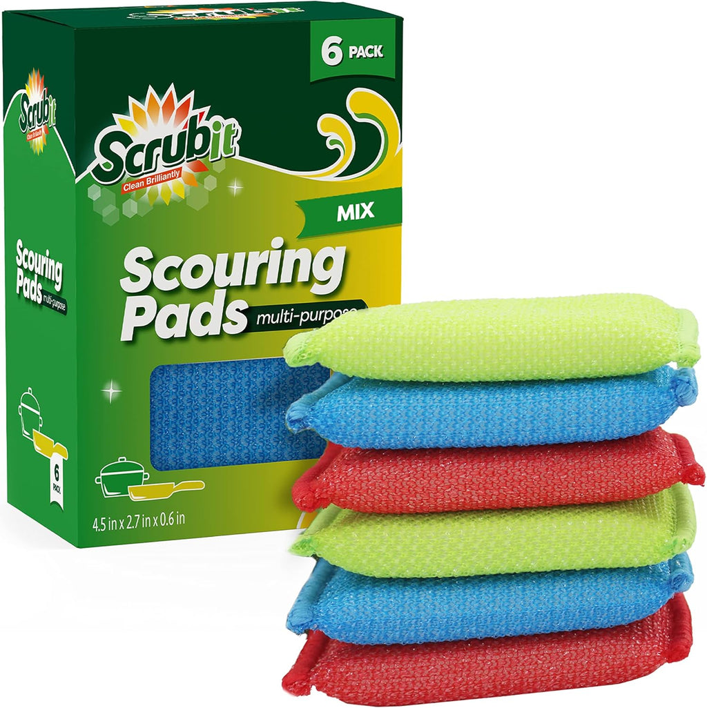 SCRUBIT Multi-Purpose Scouring Pad - Non-Scratch Cleaning Sponges for Pots, Pans, Dishes, Utensils & Non-Stick Cookware - Scrubbing Pads Use for Kitchen, Bathroom - 6 Pack Dish Sponge - (Colored)