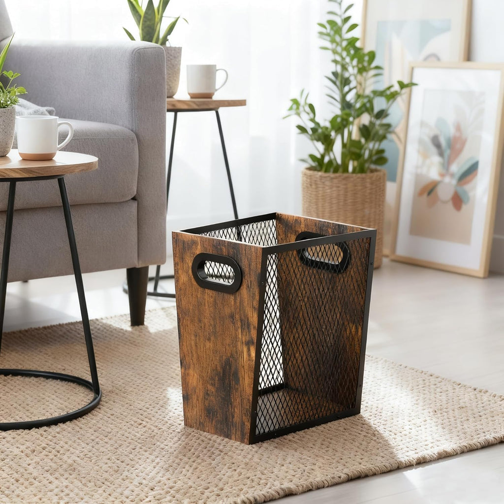 Piskyet Rustic Office Trash Can for Near Desk,7 Gallon Unique Wood Bedroom Garbage Can,Vintage Wastebasket with Handle, Decorative Trash Can for Home Office,12.2" L x 9.6" W x 14.9" H,Rustic Brown