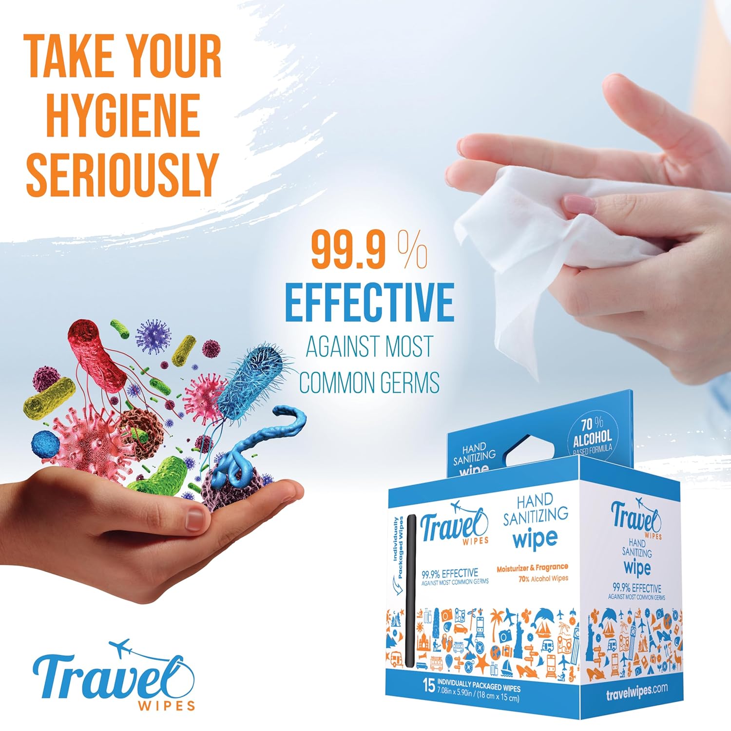 Hand Sanitizing Travel Wipes – 15ct Individually Wrapped | Fresh Citrus Scent, Moisturizing, 70% Alcohol Wipes | Travel, Home, Office, Daily Use | Made in USA