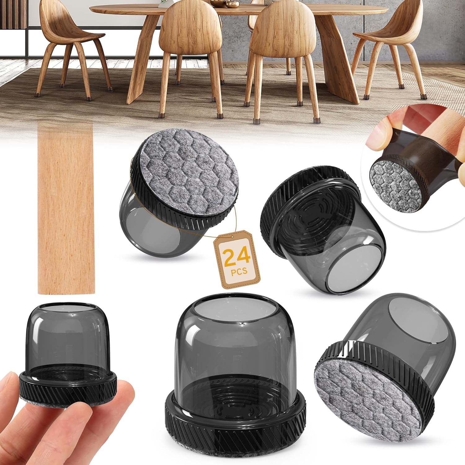 24PCS Round Chair Leg Floor Protectors, Furniture Sliders, Chair Leg Protectors for Hardwood Floors, Non-Slip Felt Furniture Pads, Silicone Cap Covers to Protect Floors, (Fit 0.75" - 1.1")