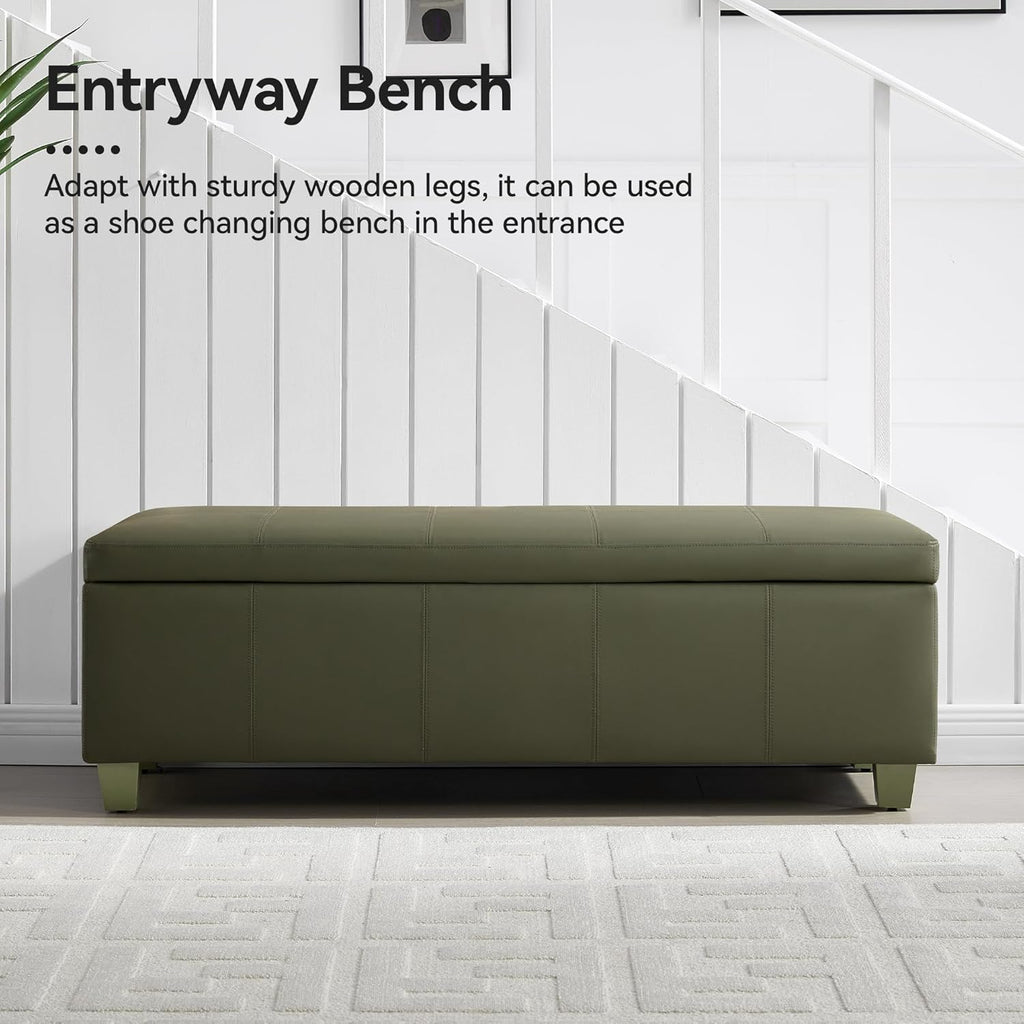 51" Faux Leather Storage Ottoman, Stitch Tufted Rectangle Upholstered End of Bed Storage Bench, Entryway Large Couch Ottoman with Wooden Legs,Green