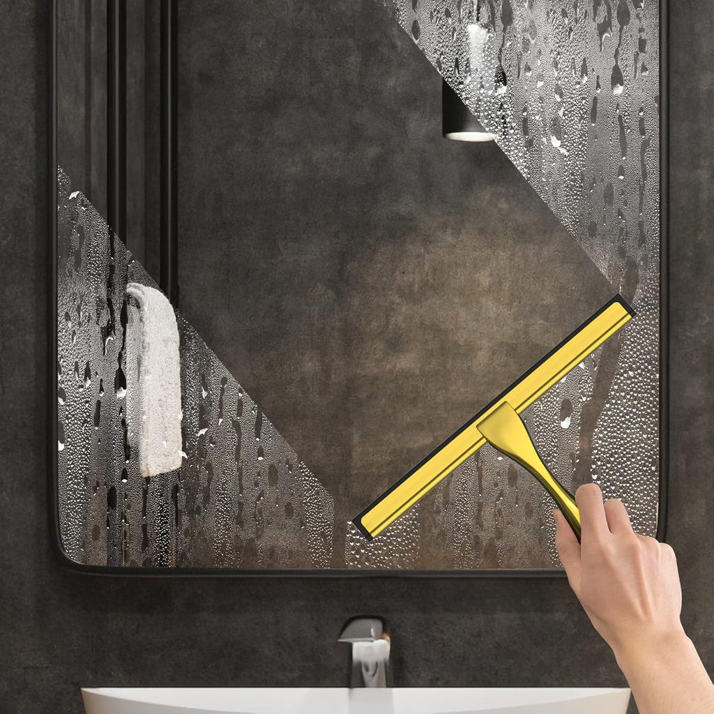 All-Purpose Stainless Steel Shower Squeegee for Shower Doors with 2 Adhesive Hooks, Bathroom Cleaner Tool Household Window Mirror Squeegee for Home Cleaning, Glass Door, Tile Wall, Car, 10 Inch Golden