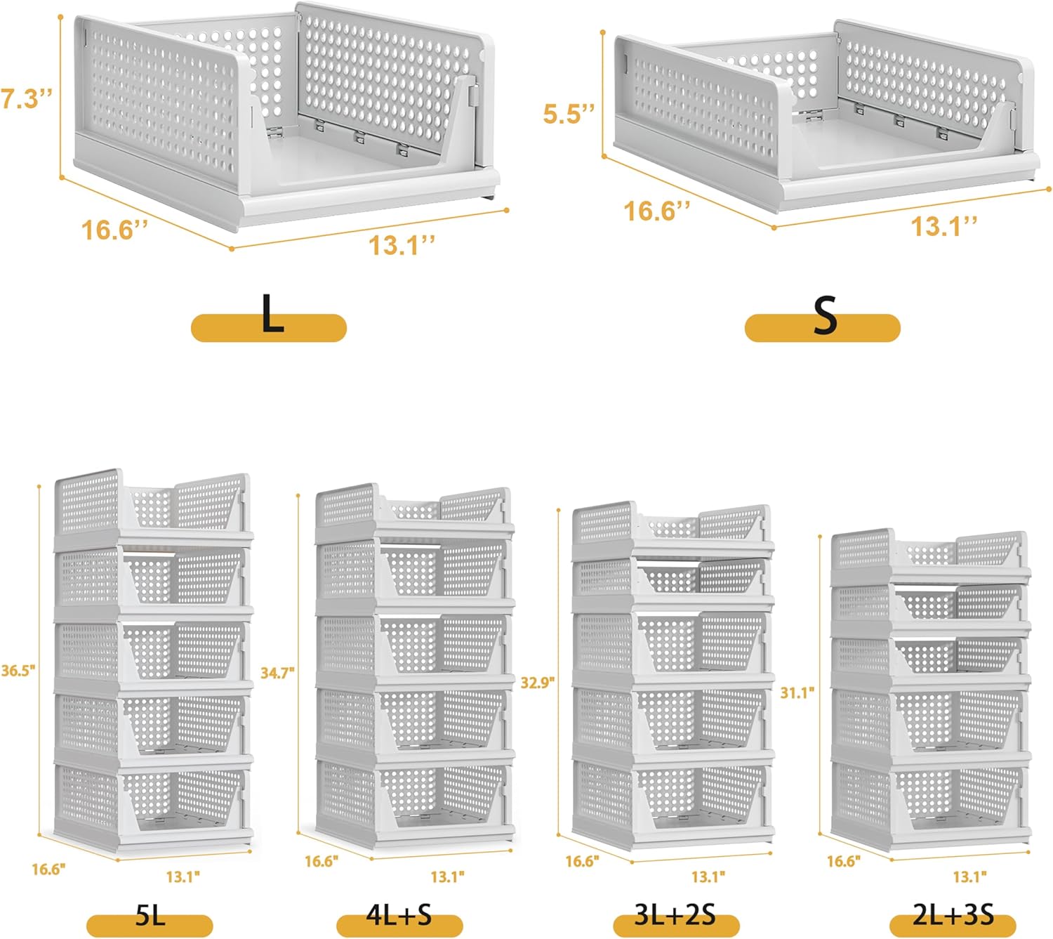 Proarea 5 Pack Stackable Plastic Storage Basket Closet Organizer Bin Foldable Clothes Organizer Storage Drawer Shelf Container for Living room Bathroom Kitchen Office (2L+3S)