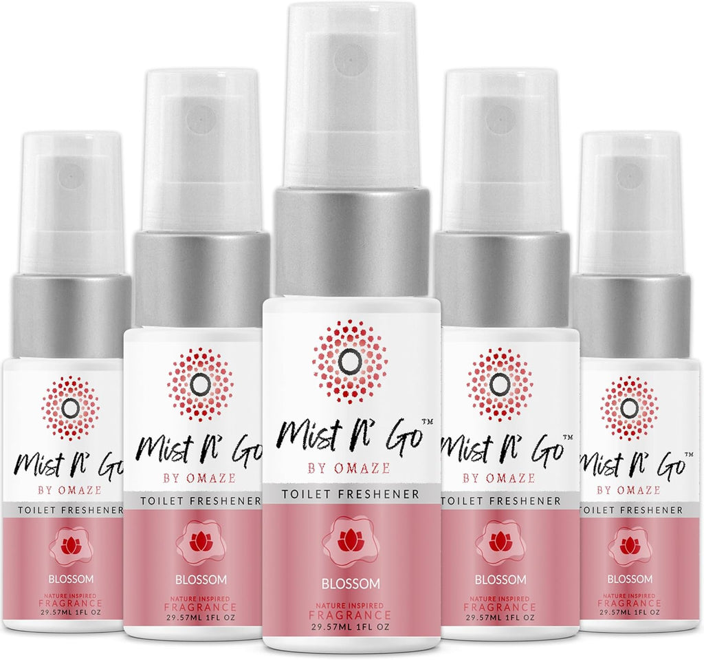 Mist N’ Go by Omaze Travel Bathroom Spray for Toilet Spray Odor Eliminator - Travel Toilet Spray for Bathroom Air Freshener Spray for Bathroom Deodorizer - Blossom Travel Size (1oz x5)